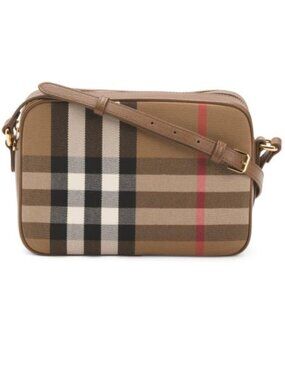 Burberry Black Leather Trim Vintage Check Crossbody with Tan Plaid